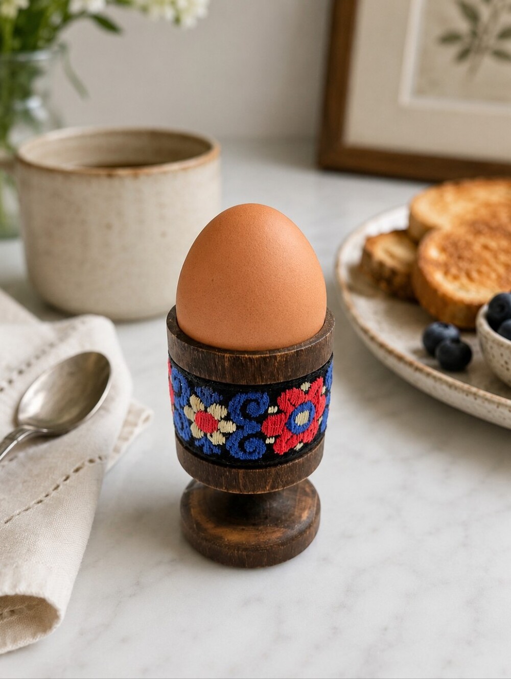 Handcrafted Wooden Egg Cup with Colorful Embroidered Accent